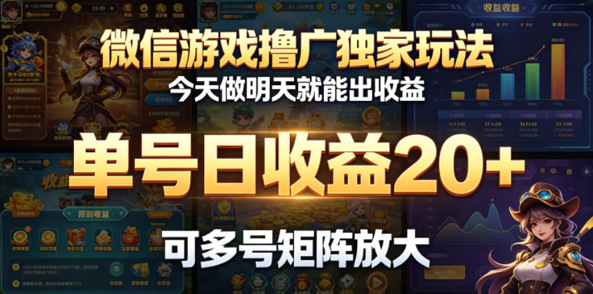微信游戏撸广独家玩法，今天做明天就能出收益，单号日收益20+，可多号矩阵放大-资源后花园