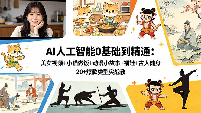 AI人工智能0基础到精通：美女视频+小猫做饭+动漫小故事+福娃+古人健身，20+爆款类型实战教学-资源后花园