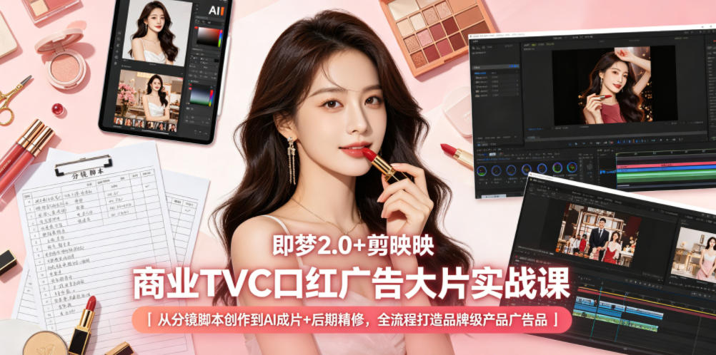 即梦2.0+剪映商业TVC口红广告大片实战课｜从分镜脚本创作到AI成片+后期精修，全流程打造品牌级产品广告-资源后花园