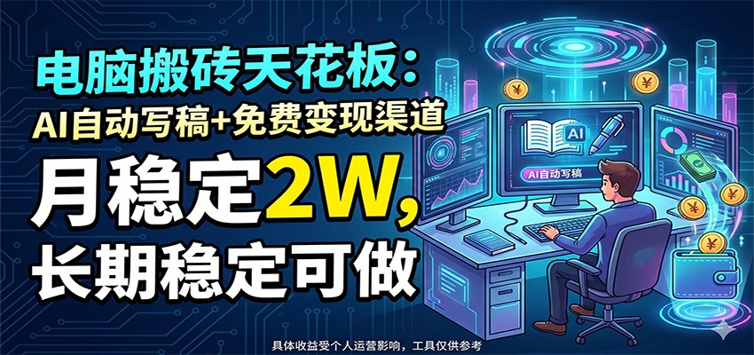 电脑搬砖天花板：AI自动写稿+免费变现渠道，月稳定2W，长期稳定可做-资源后花园