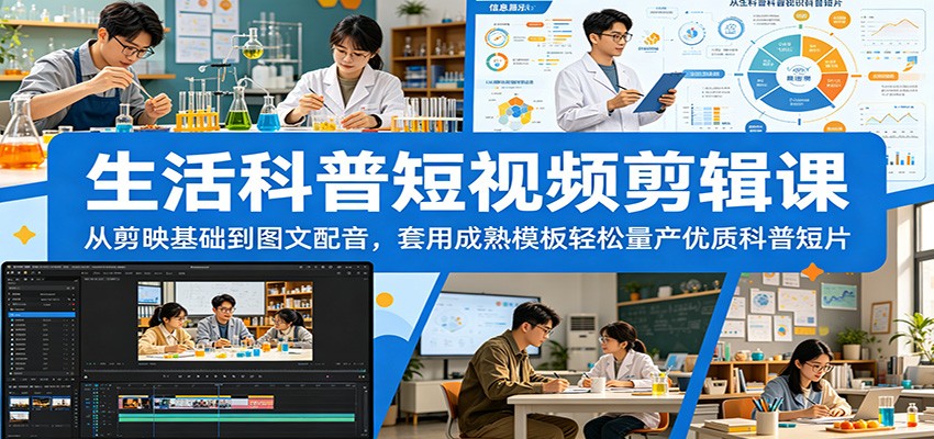 生活科普短视频剪辑课：从剪映基础到图文配音，套用成熟模板轻松量产优质科普短片-资源后花园