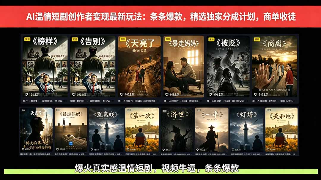 AI温情短剧创作者变现最新玩法：视频牛逼，条条爆款，精选独家分成计划，商单收徒-资源后花园