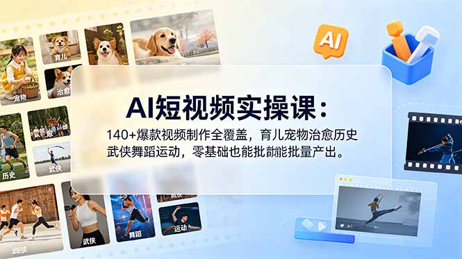 AI短视频实操课：140+爆款视频制作全覆盖，育儿宠物治愈历史武侠舞蹈运动，零基础也能批量产出-资源后花园