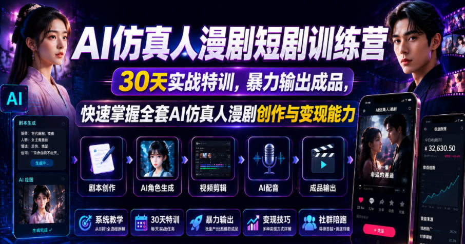 AI仿真人漫剧短剧训练营，30天实战特训，暴力输出成品，快速掌握全套AI仿真人漫剧创作与变现能力-资源后花园