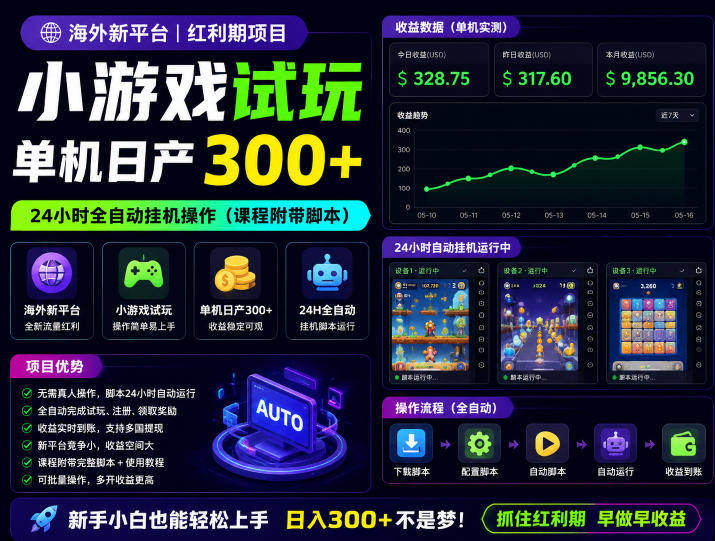 海外新平台，小游戏试玩，单机日产300+，24小时全自动挂G操作(课程附带脚本)【揭秘】-资源后花园