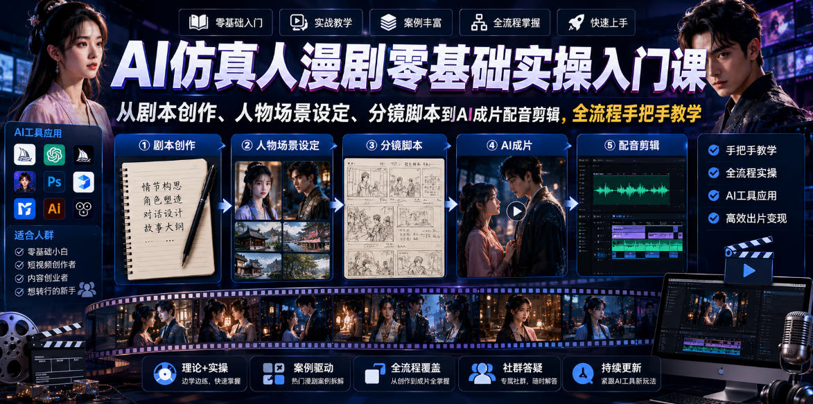 AI仿真人漫剧零基础实操入门课，从剧本创作、人物场景设定、分镜脚本到AI成片配音剪辑，全流程手把手教学-资源后花园