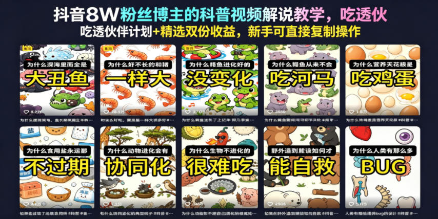 抖音8W粉丝博主的科普视频解说教学，吃透伙伴计划+精选双份收益，新手可直接复制操作-资源后花园
