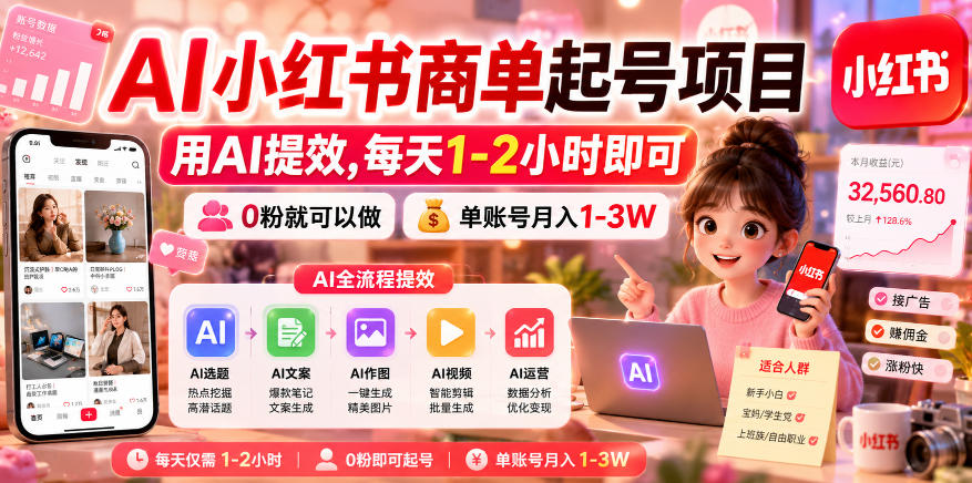 AI小红书商单起号项目，用AI提效,每天1-2小时即可，0粉就可以做，单账号月入1-3W-资源后花园