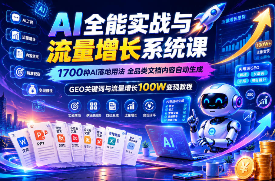 AI全能实战与流量增长系统课，1700种AI落地用法，全品类文档内容自动生成，GEO关键词与流量增长100W变现教程-资源后花园