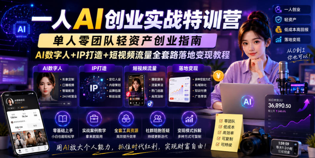 一人AI创业实战特训营，单人零团队轻资产创业指南，AI数字人+IP打造+短视频流量全套路落地变现教程-资源后花园