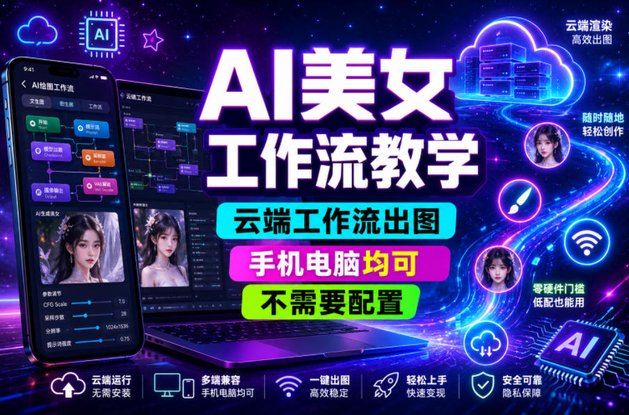 AI美女工作流教学，云端工作流出图，手机电脑均可，不需要配置，快速起号涨粉-资源后花园