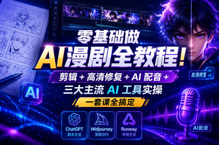 零基础做AI漫剧全教程！剪辑+高清修复+AI配音+三大主流AI工具实操，一套课全搞定-资源后花园