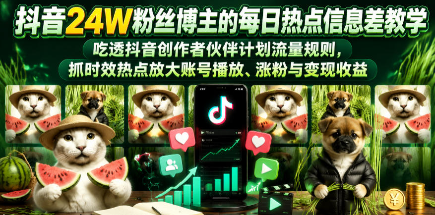 抖音24W粉丝博主的每日热点信息差教学，吃透创作者伙伴计划流量规则，抓时效热点放大账号播放、涨粉与变现收益(更新)-资源后花园