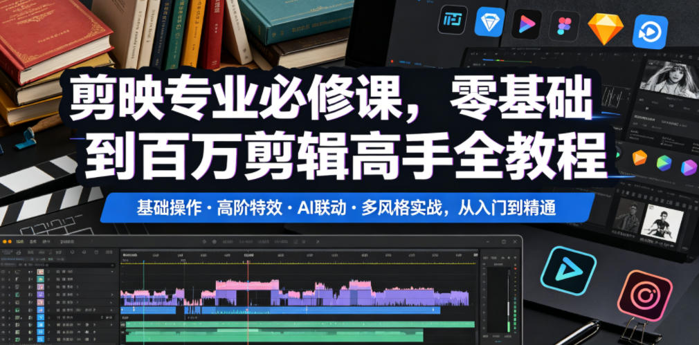 剪映专业必修课，零基础到百万剪辑高手全教程，基础操作・高阶特效・AI联动・多风格实战，从入门到精通-资源后花园