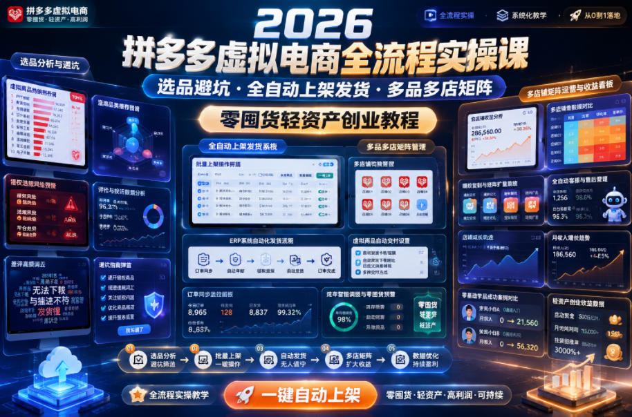 2026拼多多虚拟电商全流程实操课，选品避坑・全自动上架发货・多品多店矩阵，零囤货轻资产创业教程-资源后花园