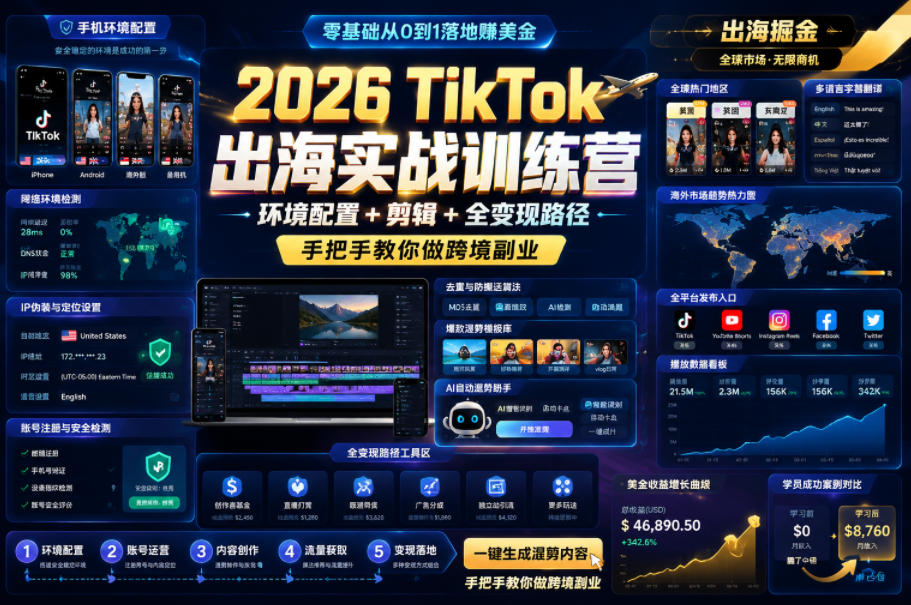2026 TikTok出海实战训练营，环境配置 + 剪辑 + 全变现路径，手把手教你做跨境副业-资源后花园