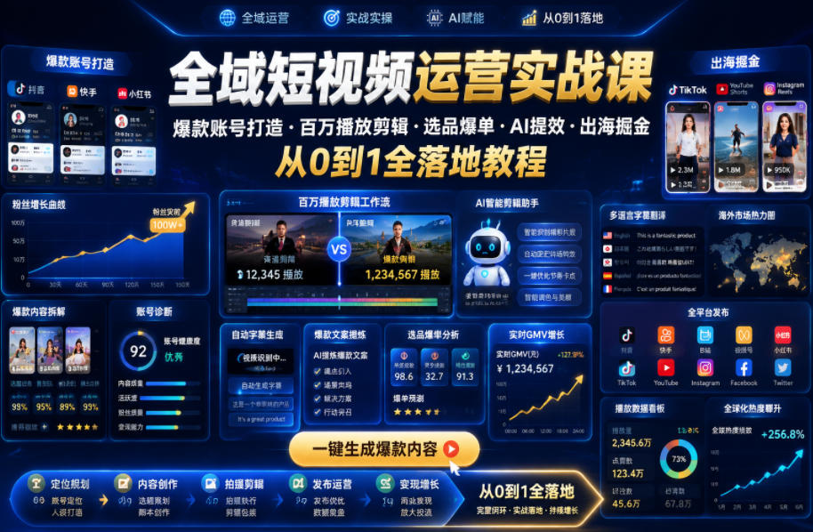 全域短视频运营实战课，爆款账号打造・百万播放剪辑・选品爆单・AI提效・出海掘金，从0到1全落地教程-资源后花园