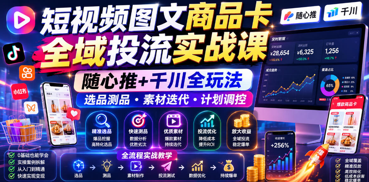 短视频图文商品卡全域投流实战课，随心推+千川全玩法，选品测品・素材迭代・计划调控，提升ROI爆单增收教程-资源后花园