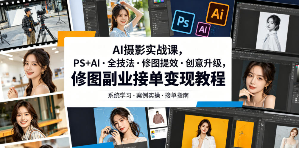 AI摄影实战课，PS+AI・全技法・修图提效・创意升级，修图副业接单变现教程-资源后花园