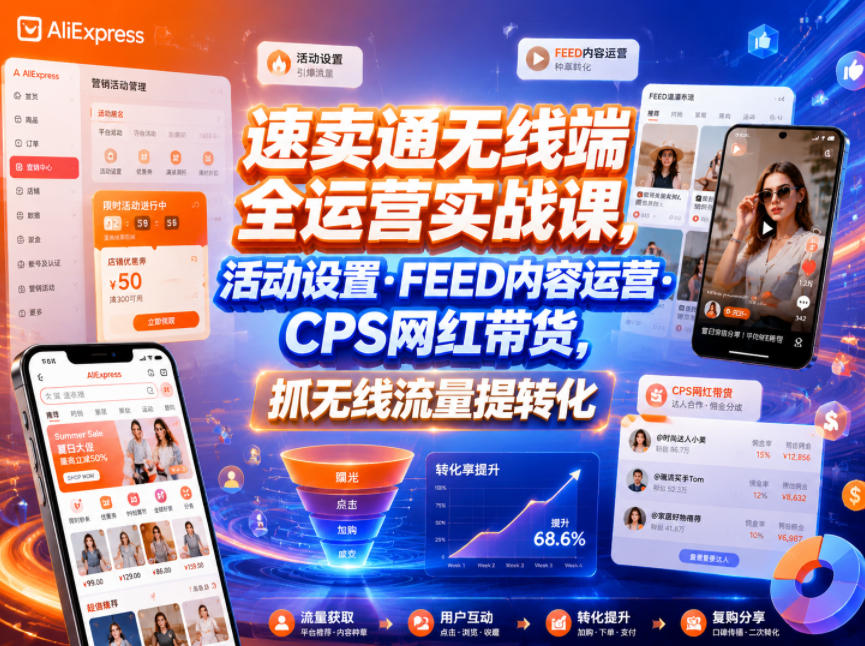 速卖通无线端全运营实战课，活动设置・FEED内容运营・CPS网红带货，抓无线流量提转化-资源后花园