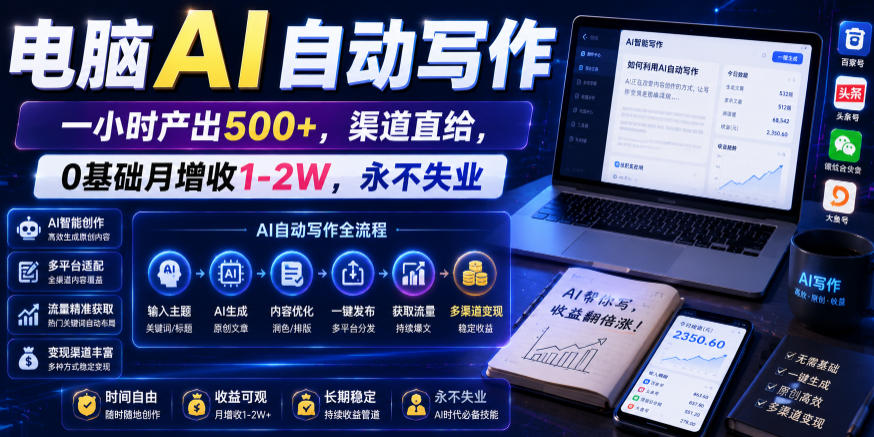 电脑AI自动写作，一小时产出500+，渠道直给，0基础月增收1-2W，永不失业【揭秘】-资源后花园