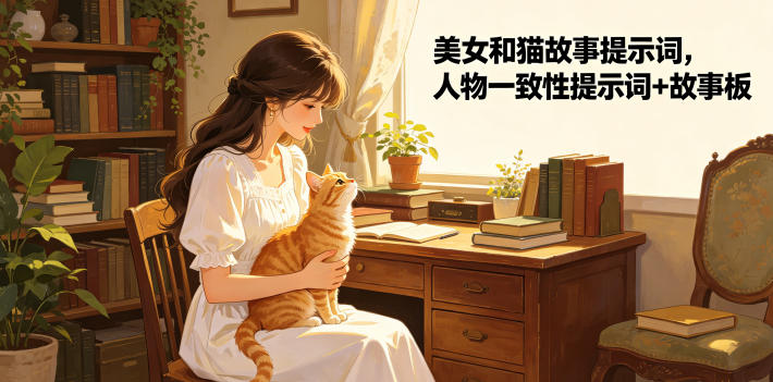 美女和猫故事提示词，人物一致性提示词+故事板-资源后花园