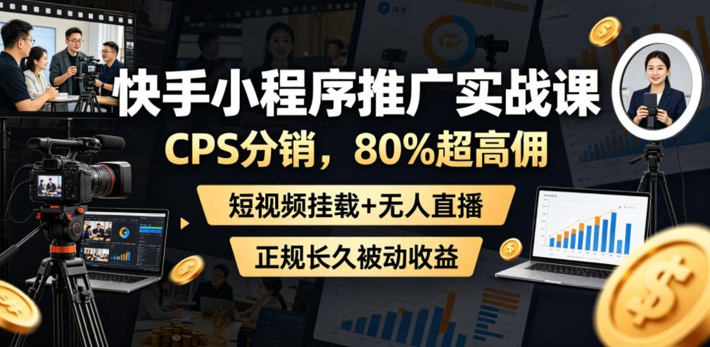 快手小程序推广实战课，CPS分销，80%超高佣，短视频挂载+无人直播，正规长久被动收益-资源后花园