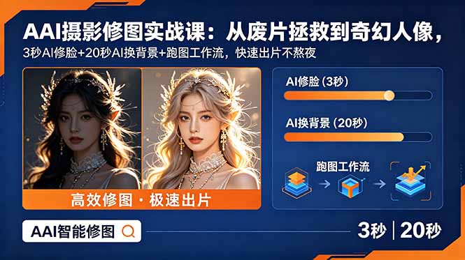 AI摄影修图实战课：从废片拯救 到 奇幻人像，3秒AI修脸+20秒AI换背景+跑图工作流，快速出片不熬夜-资源后花园
