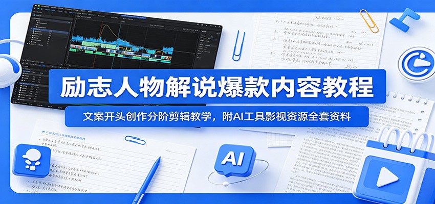励志人物解说爆款内容教程：文案开头创作分阶剪辑教学，附AI 工具影视资源全套资料-资源后花园