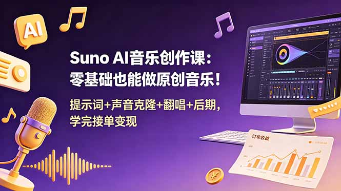 Suno AI音乐创作课：零基础也能做原创音乐！提示词+声音克隆+翻唱+后期，学完接单变现-资源后花园