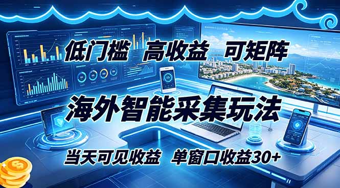 海外智能采集玩法，低门槛高单价可矩阵，当天可见收益，单窗口30+-资源后花园