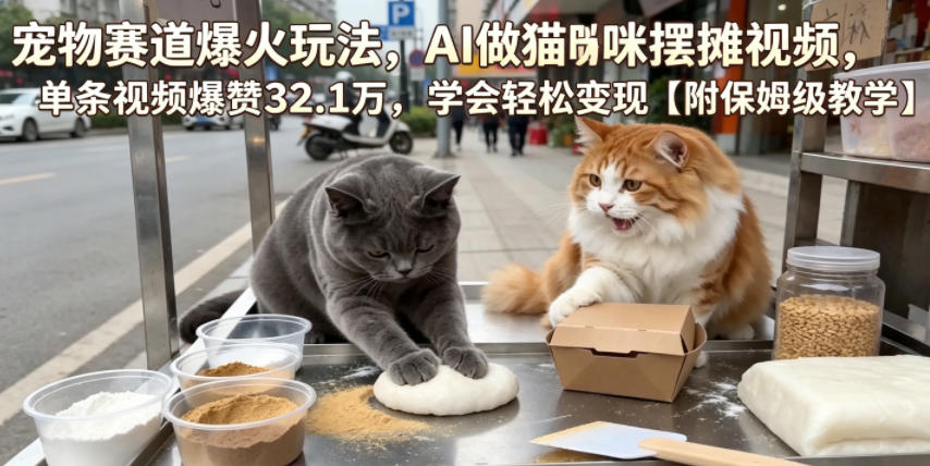 宠物赛道爆火玩法，AI做猫咪摆摊视频，单条视频爆赞32.1万，学会轻松变现【附保姆级教学】-资源后花园