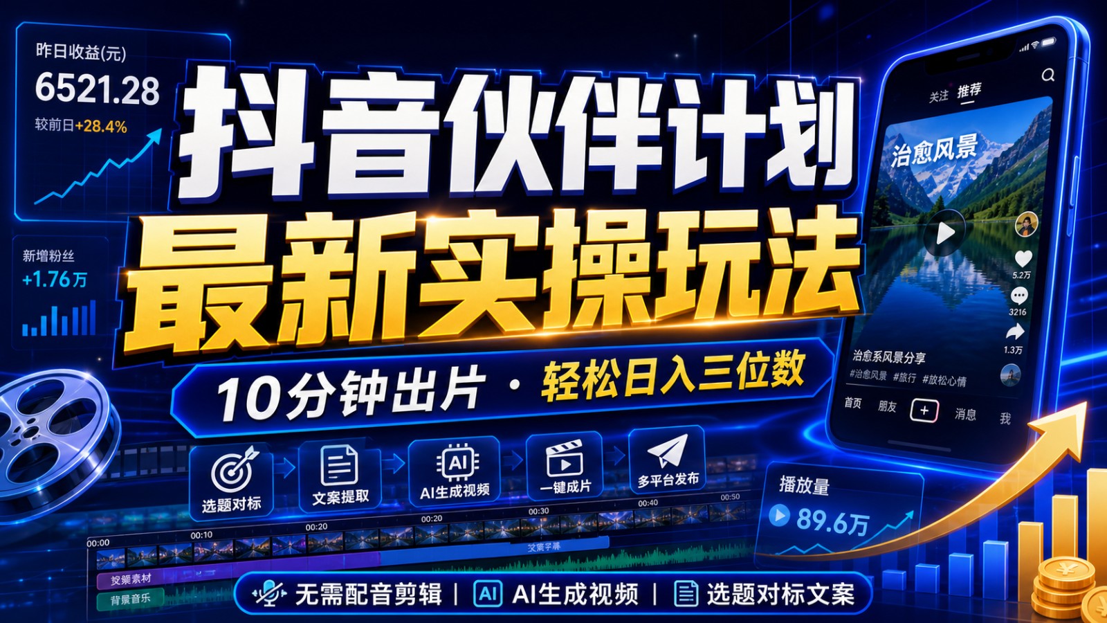 抖音伙伴计划最新暴利玩法，不用找素材和剪辑，10分钟出一条原创视频，轻松日入三位数-资源后花园