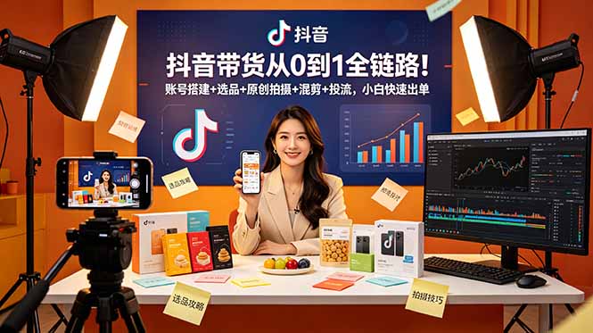 抖音带货从0到1全链路！账号搭建+选品+原创拍摄+混剪+投流，小白快速出单-资源后花园