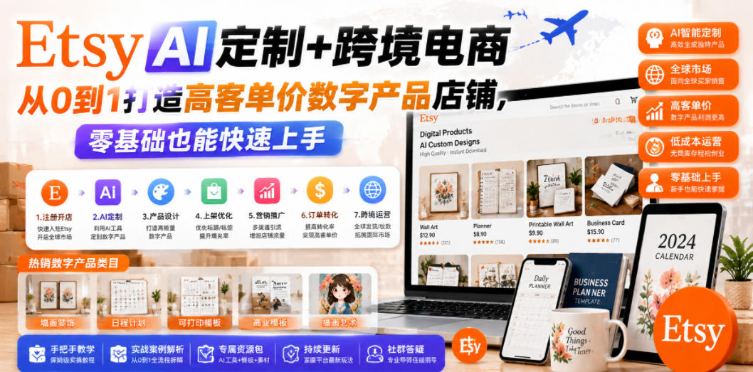 Etsy AI定制+跨境电商，从0到1打造高客单价数字产品店铺，零基础也能快速上手-资源后花园