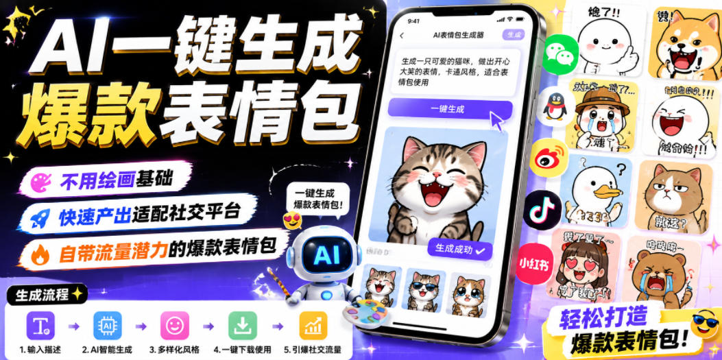 AI一键生成爆款表情包，不用绘画基础，快速产出适配社交平台，自带流量潜力的爆款表情包-资源后花园