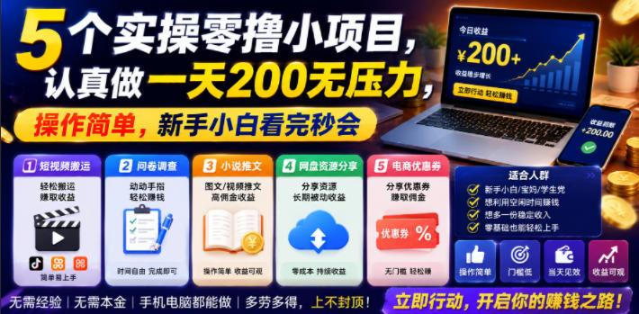 5个实操零撸小项目，认真做一天200无压力，操作简单，新手小白看完秒会【揭秘】-资源后花园