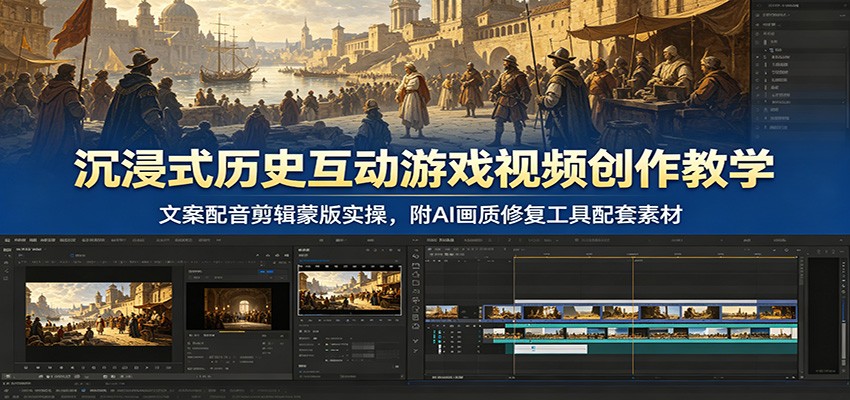 沉浸式历史互动游戏视频创作教学：文案配音剪辑蒙版实操，附AI画质修复工具配套素材-资源后花园