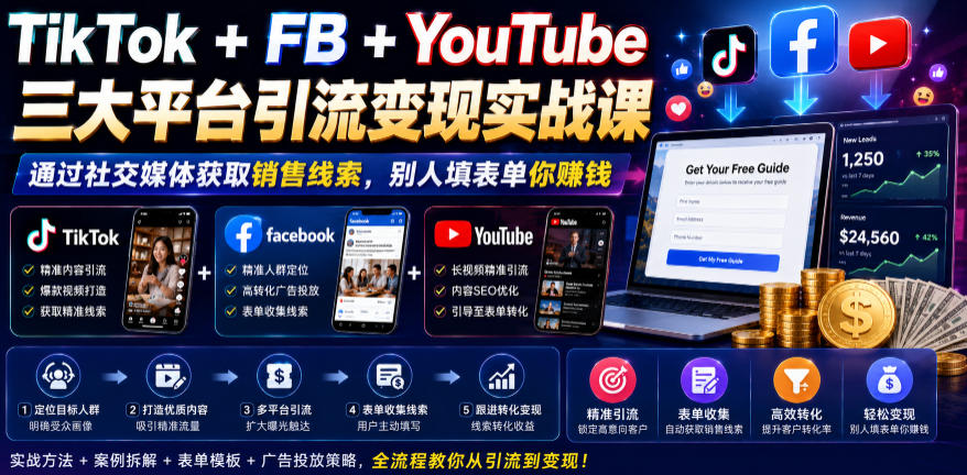 TikTok+FB+YouTube三大平台引流变现实战课，通过社交媒体获取销售线索，别人填表单你賺钱【原创双语字幕】-资源后花园