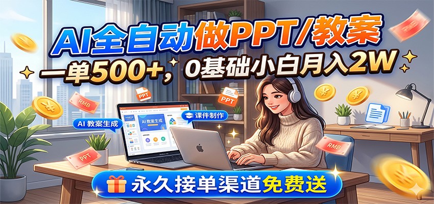 AI全自动做PPT/教案，一单500+，0基础小白月入2W，永久接单渠道免费送-资源后花园