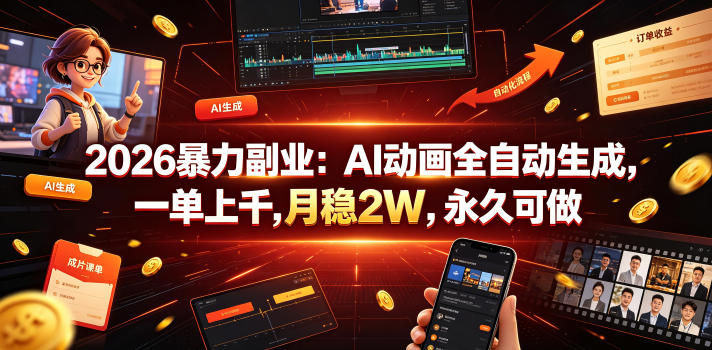 2026暴力副业：AI动画全自动生成，一单上千，月稳2W，永久可做【揭秘】-资源后花园