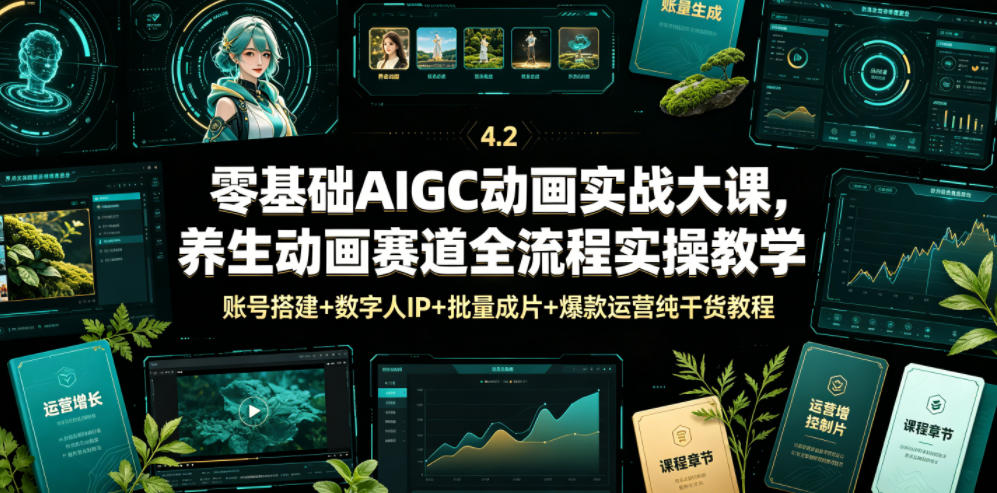零基础AIGC动画实战大课，养生动画赛道全流程实操教学，账号搭建+数字人IP+批量成片+爆款运营纯干货教程-资源后花园