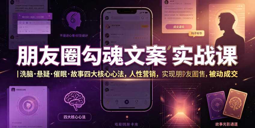 朋友圈勾魂文案实战课｜洗脑·悬疑·催眠·故事四大核心心法，吃透人性营销，实现朋友圈不销而售被动成交-资源后花园