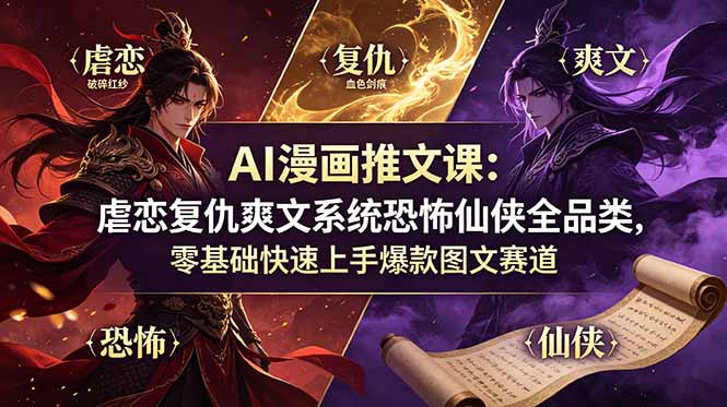 AI漫画推文课：虐恋复仇爽文系统恐怖仙侠全品类，零基础快速上手爆款图文赛道-资源后花园