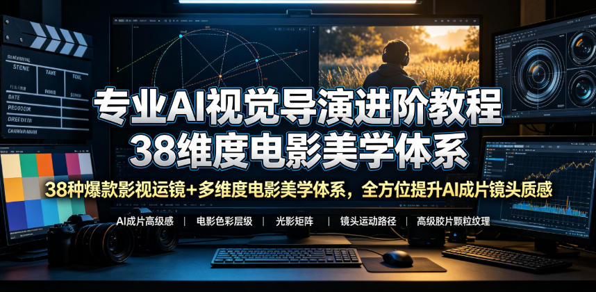 专业AI视觉导演进阶教程，38种爆款影视运镜+多维度电影美学体系，全方位提升AI成片高级感与镜头质感-资源后花园