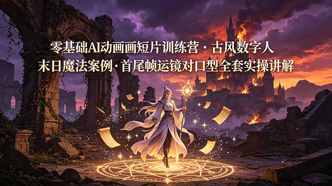 零基础AI动画短片训练营，古风数字人末日魔法案例，首尾帧运镜对口型全套实操讲解-资源后花园