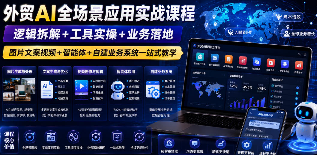 外贸AI全场景应用实战课程｜逻辑拆解+工具实操+业务落地，图片文案视频+智能体+自建业务系统一站式教学-资源后花园