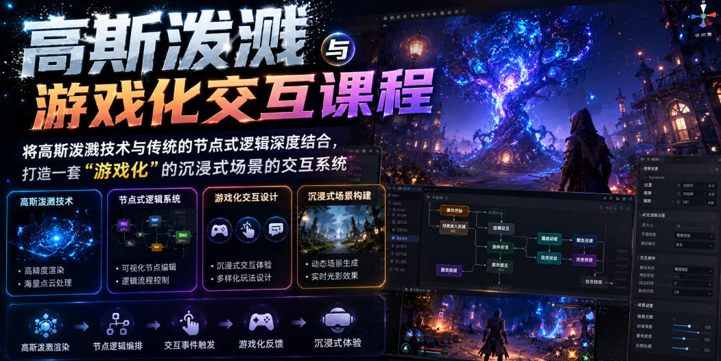 高斯泼溅与游戏化交互课程，将高斯泼溅技术与传统的节点式逻辑深度结合，打造一套“游戏化”的沉浸式场景的交互系统-资源后花园