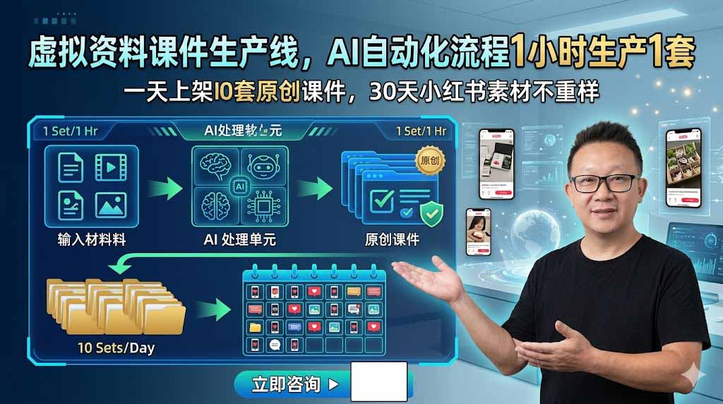 虚拟资料课件生产线，AI自动化流程1小时生产1套，一天上架10套原创课件，30天小红书素材不重样-资源后花园