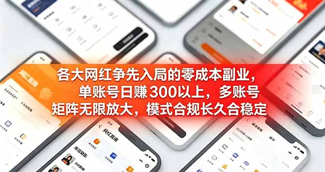 各大网红争先入局的零成本副业，单账号日赚 300 以上，多号矩阵可放大，模式合规长久稳定！-资源后花园